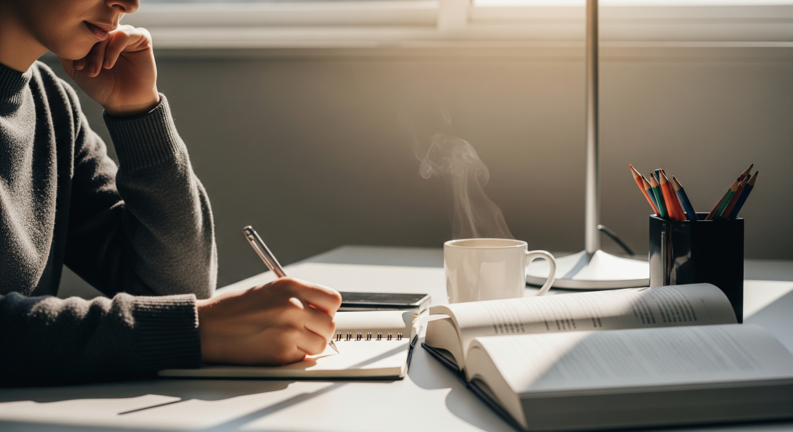 Person writing book notes at desk to turn book knowledge into action