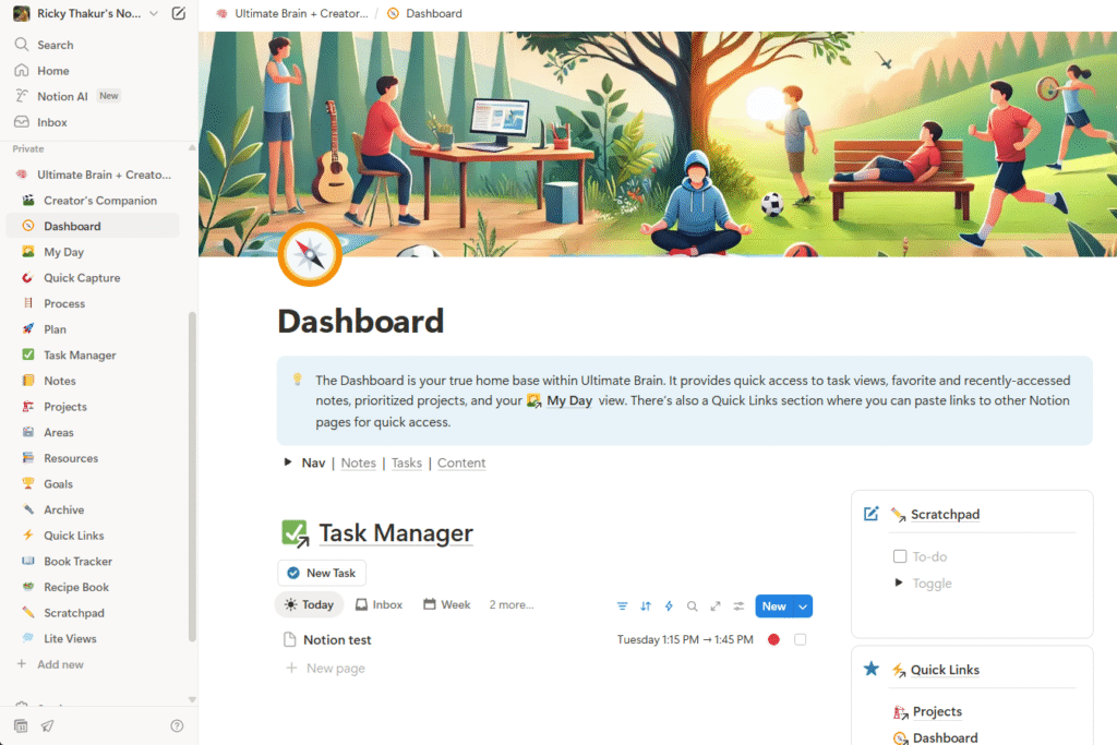 Notion learning dashboard organizing book notes and action plans