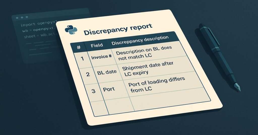  python for banking professionals — sample discrepancy report produced by a small openpyxl script, three rows showing common LC document discrepancies with header formatting and a translucent code window in the background