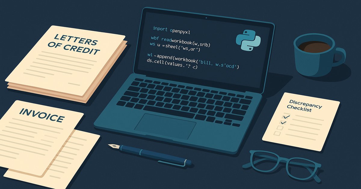 python for banking professionals — flat-design illustration of a trade-finance workspace, laptop with openpyxl code, letters of credit, invoice, bill of lading, and a discrepancy checklist, deep blue and teal palette